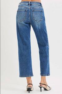 RISEN Downtown Darling High Rise Straight Leg Crop Jeans in medium wash - women's jeans - detail view