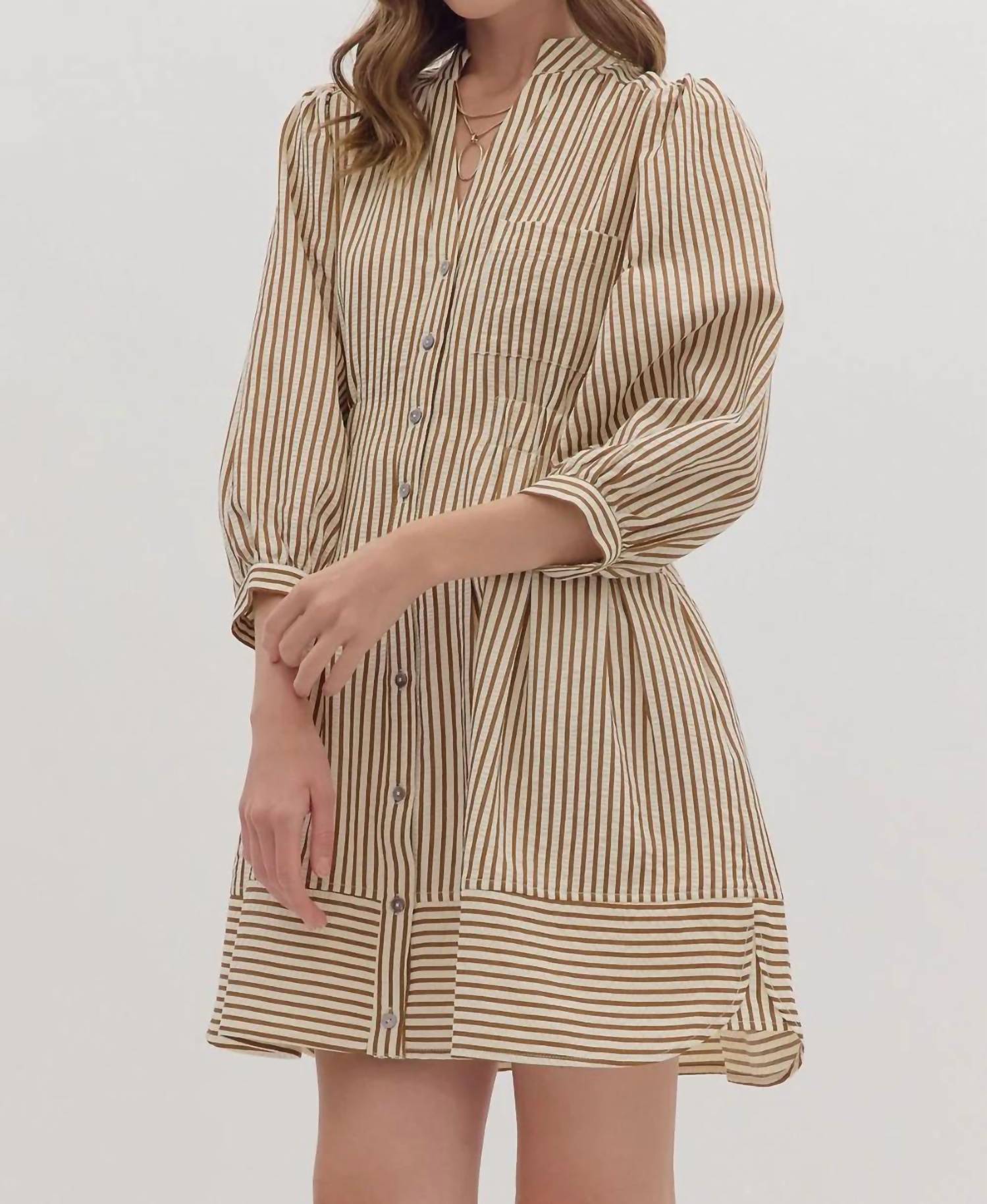 Entro - Striped Three Quarter Puff Sleeve Mini Dress