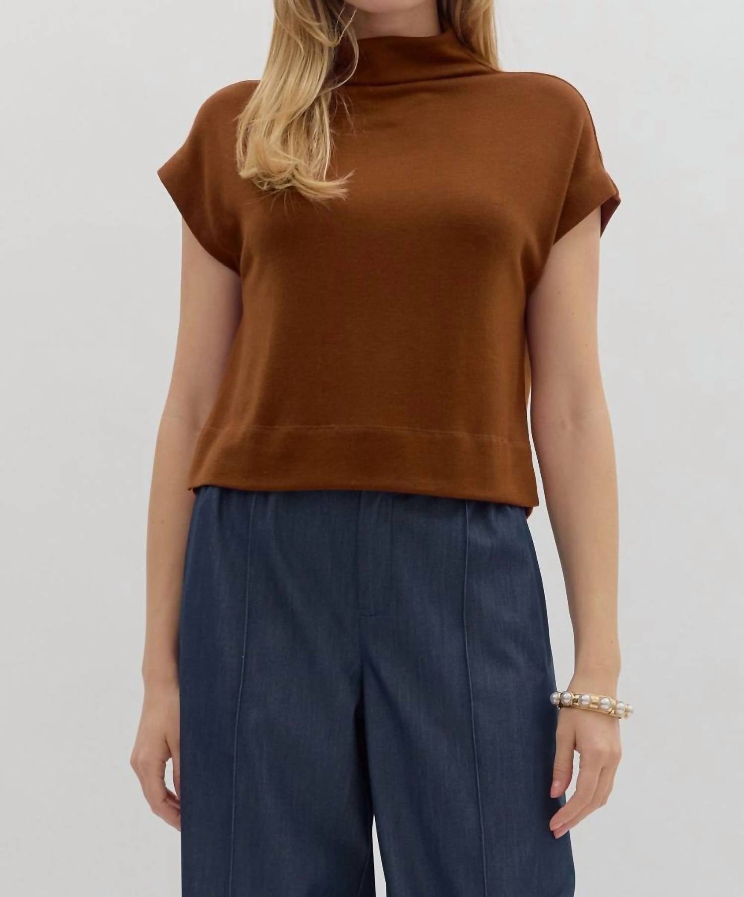 Entro - Solid Knit Mock Neck Pullover Top