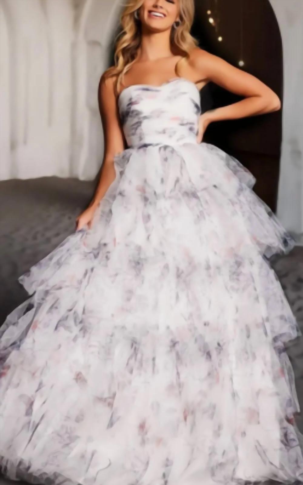 JOVANI Strapless Print Layered Ballgown in ivory - women's dress