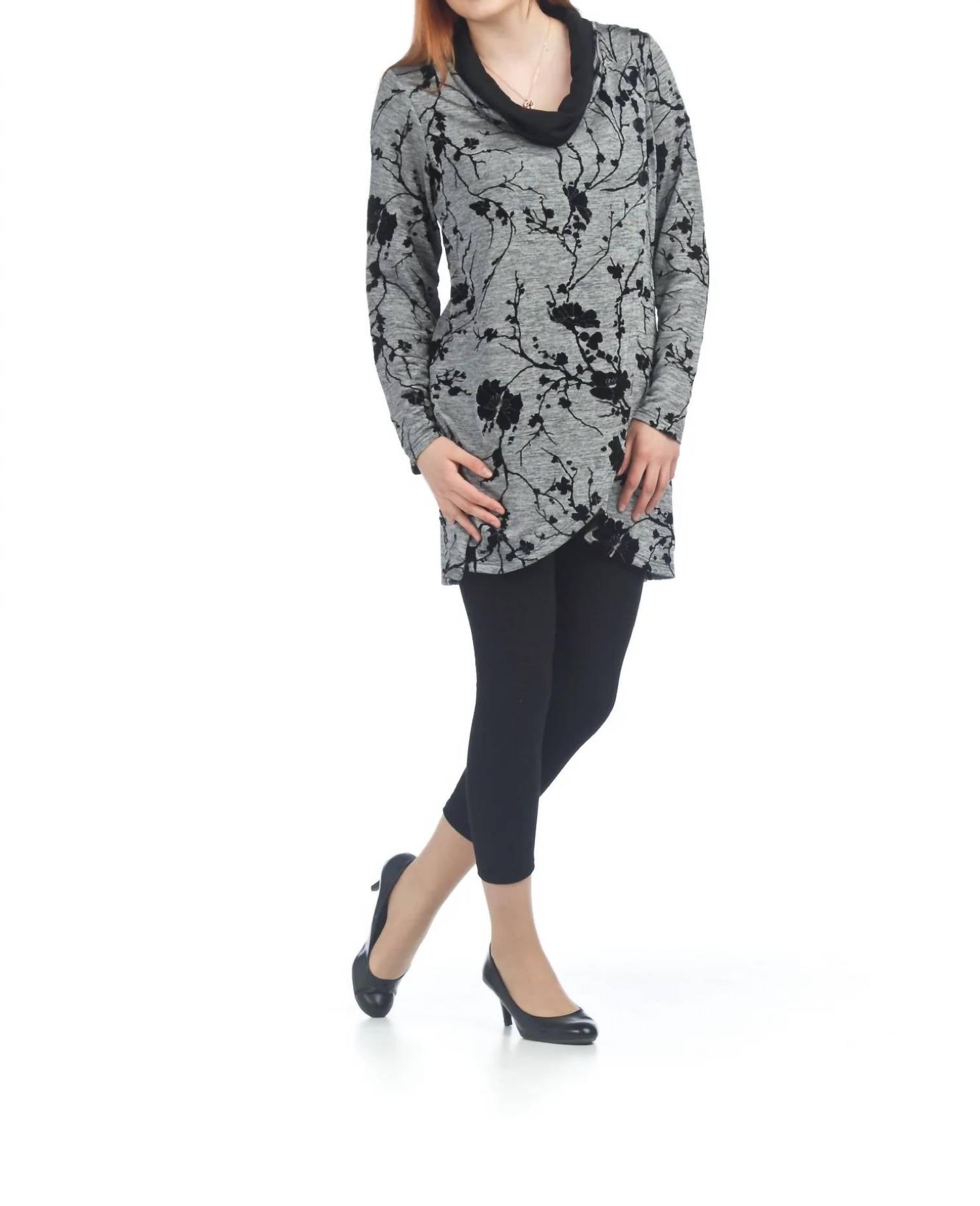 Papillon - Velvet Floral Crossover Tunic With Cowl Neck