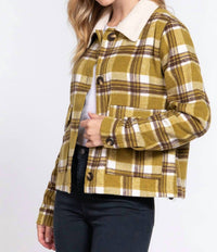 Active Usa - Faux Fur Collar Plaid Shacket