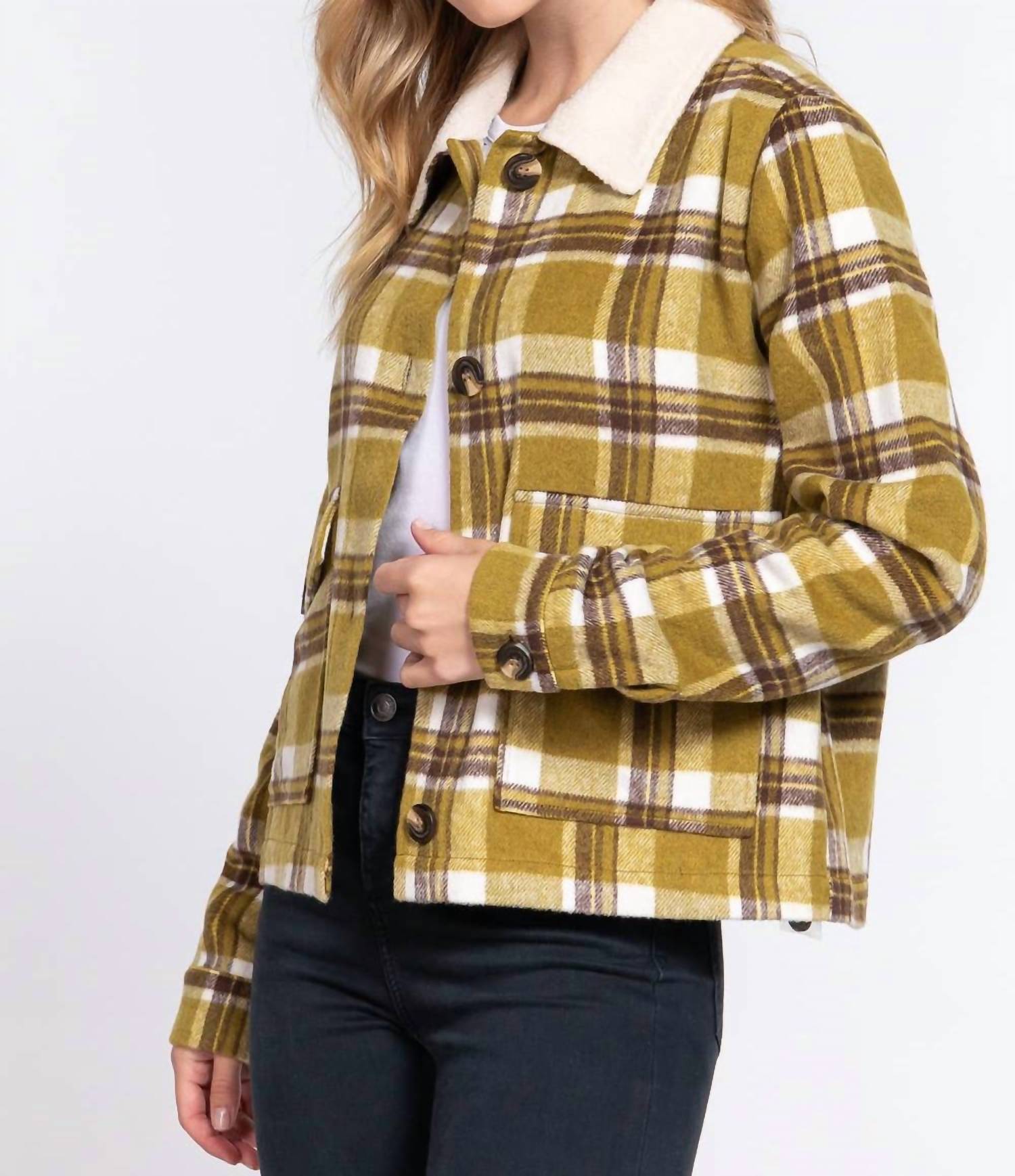 Active Usa - Faux Fur Collar Plaid Shacket