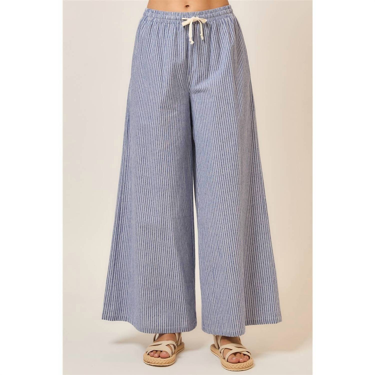 Cozy Casual - Pinstripe Wide Leg Pants With Drawstring