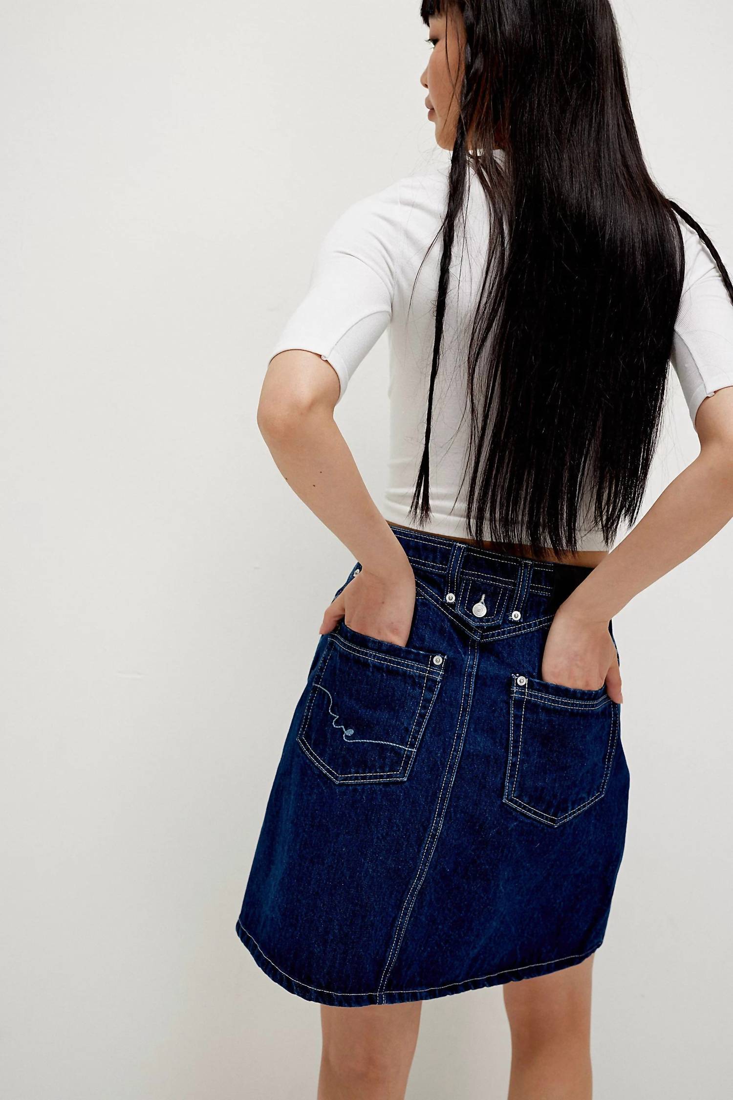 Free People Suzy Denim Midi Skirt in deep blue crush - women's skirt - detail view