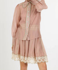 Beulahstyle - Lace Trim Detail Chiffon Shirt & Mini Skirt Set