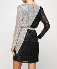 See And Be Seen - Sequins Color Blocked Long Sleeve Dress