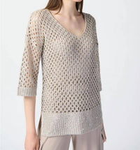 Joseph Ribkoff - Sequined V-neck 3/4 Sleeve Crochet Top