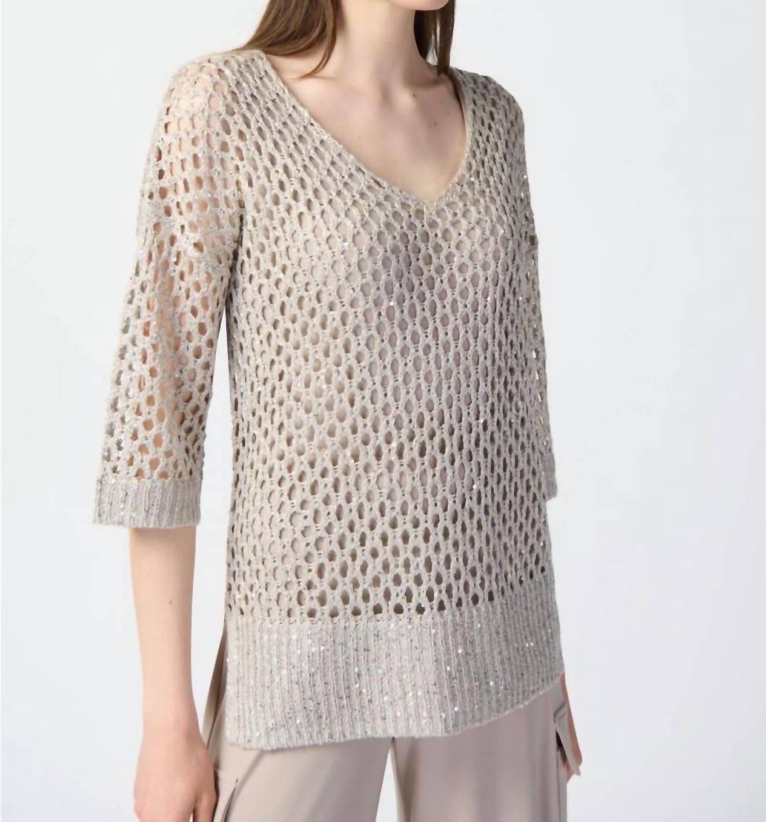 Joseph Ribkoff - Sequined V-neck 3/4 Sleeve Crochet Top