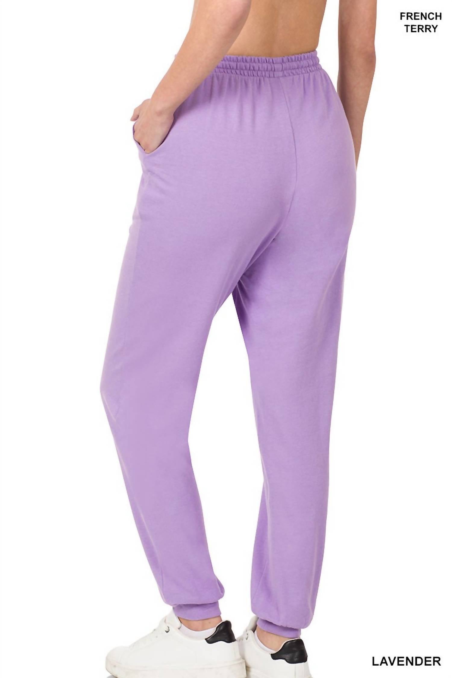 ZENANA French Terry Drawstring Joggers in lavender - women's pants