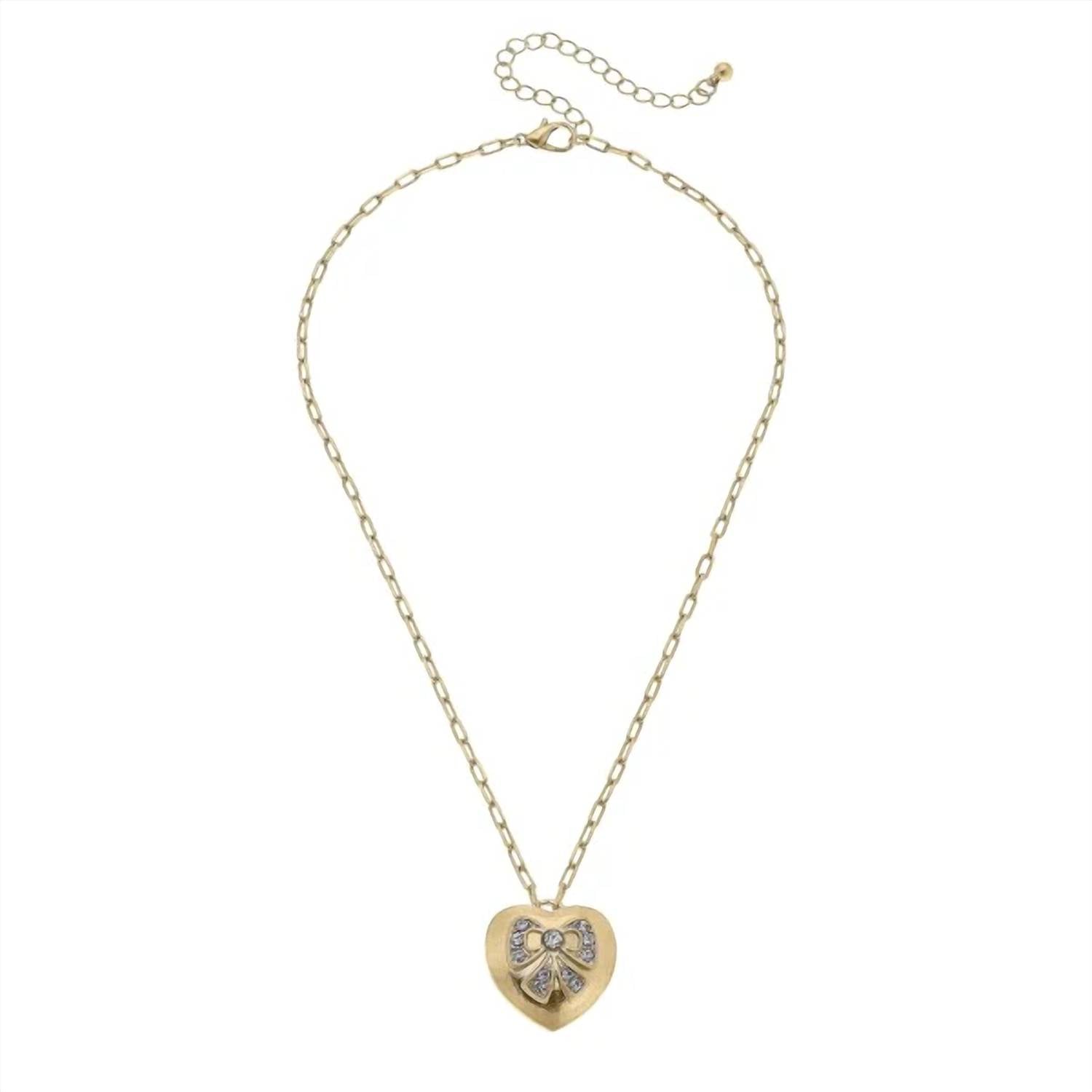 Canvas Style - Women's Crystal Bow And Chain Link Heart Pendant Necklace