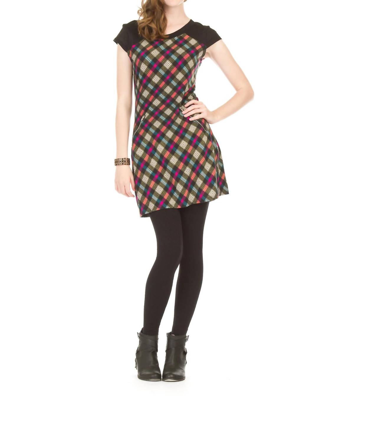 Papillon - 3/4 Sleeve Plaid Dress With Zipper Pockets