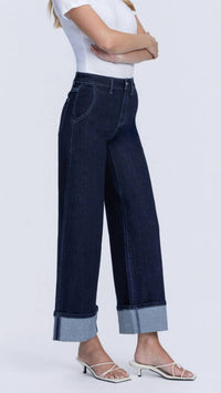 VERVET BY FLYING MONKEY High Rise Cuffed Ankle Wide Leg Jeans in dark blue - women's jeans - detail view