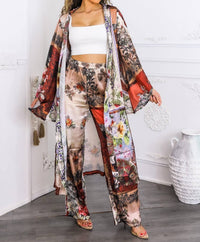 Surelymine - Golden Hour Boho Luxe Kimono Set Printed Duster & Wide-leg Pants