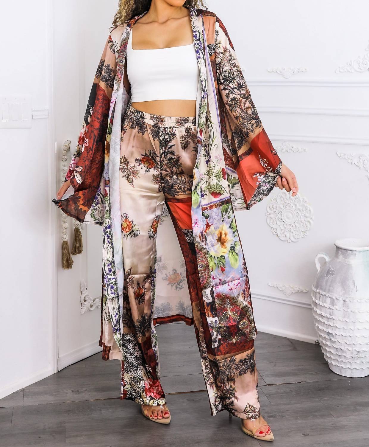 Surelymine - Golden Hour Boho Luxe Kimono Set Printed Duster & Wide-leg Pants