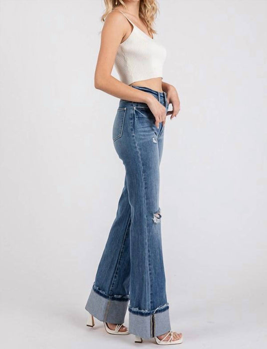 Petra153 - Wide Leg Cuffed Denim Jeans