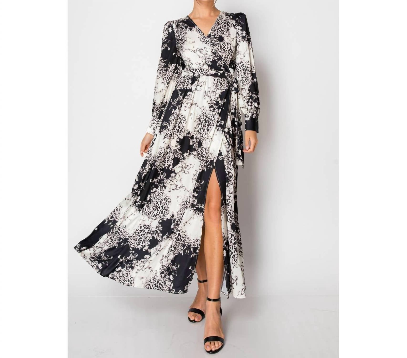 INA Fashion Puff Sleeve Belted Maxi Dress in black ivory - women's dress