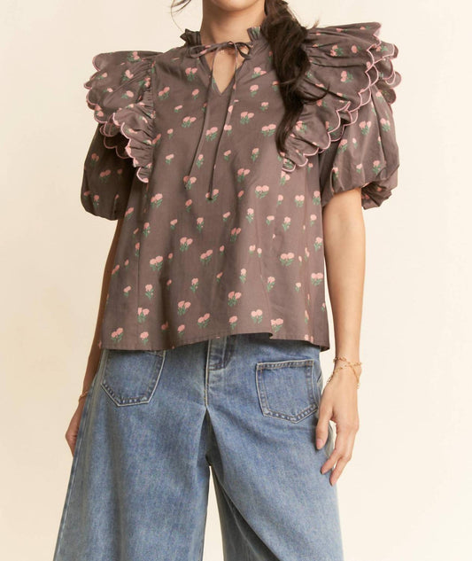 Davi & Dani - Contrast Edge Ruffle Puff Sleeve Blouse Top