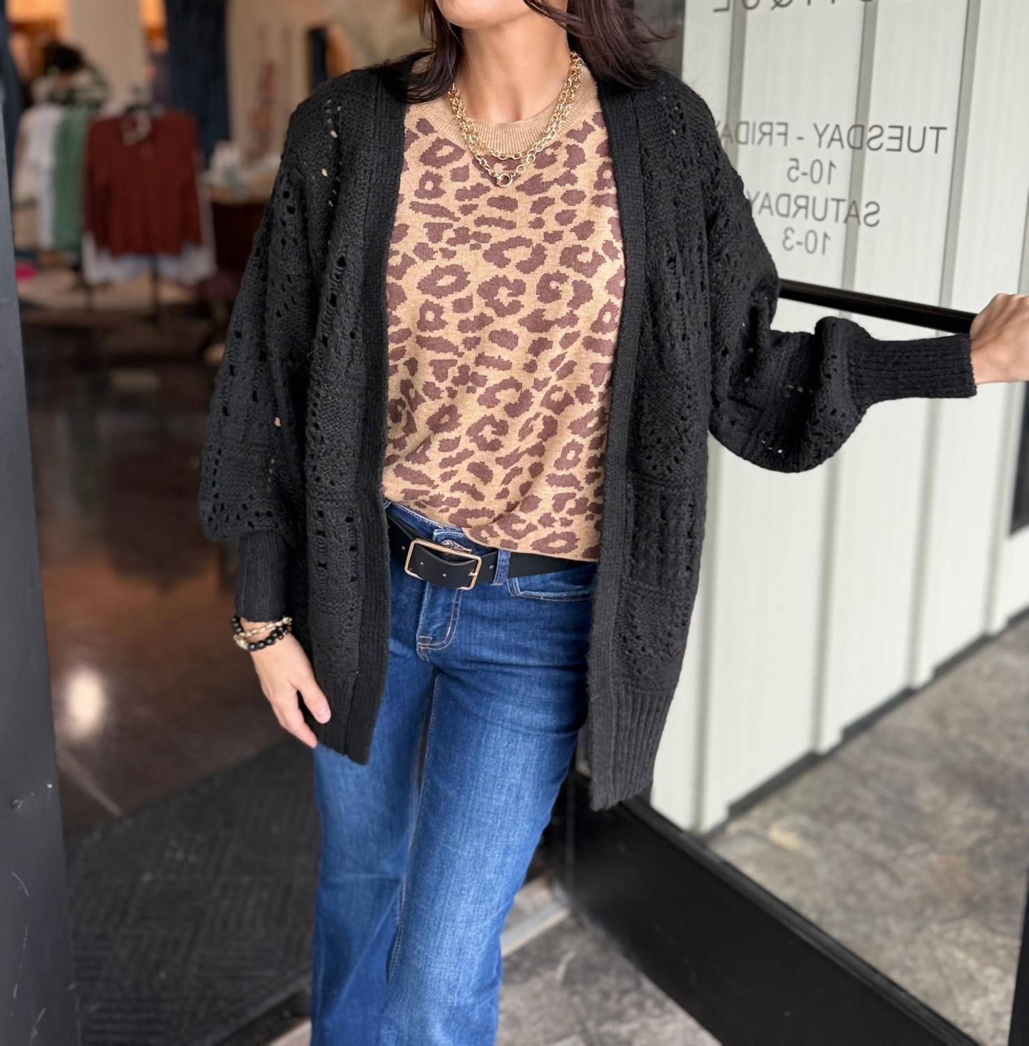 ee:some Long Waist Crochet Cardigan in black - women's cardigan