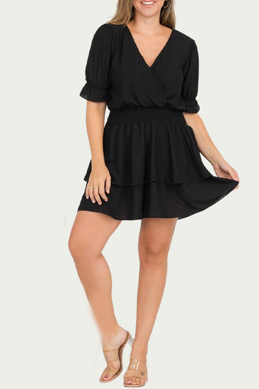 SMOCKED SURPLICE WOVEN MINI DRESS