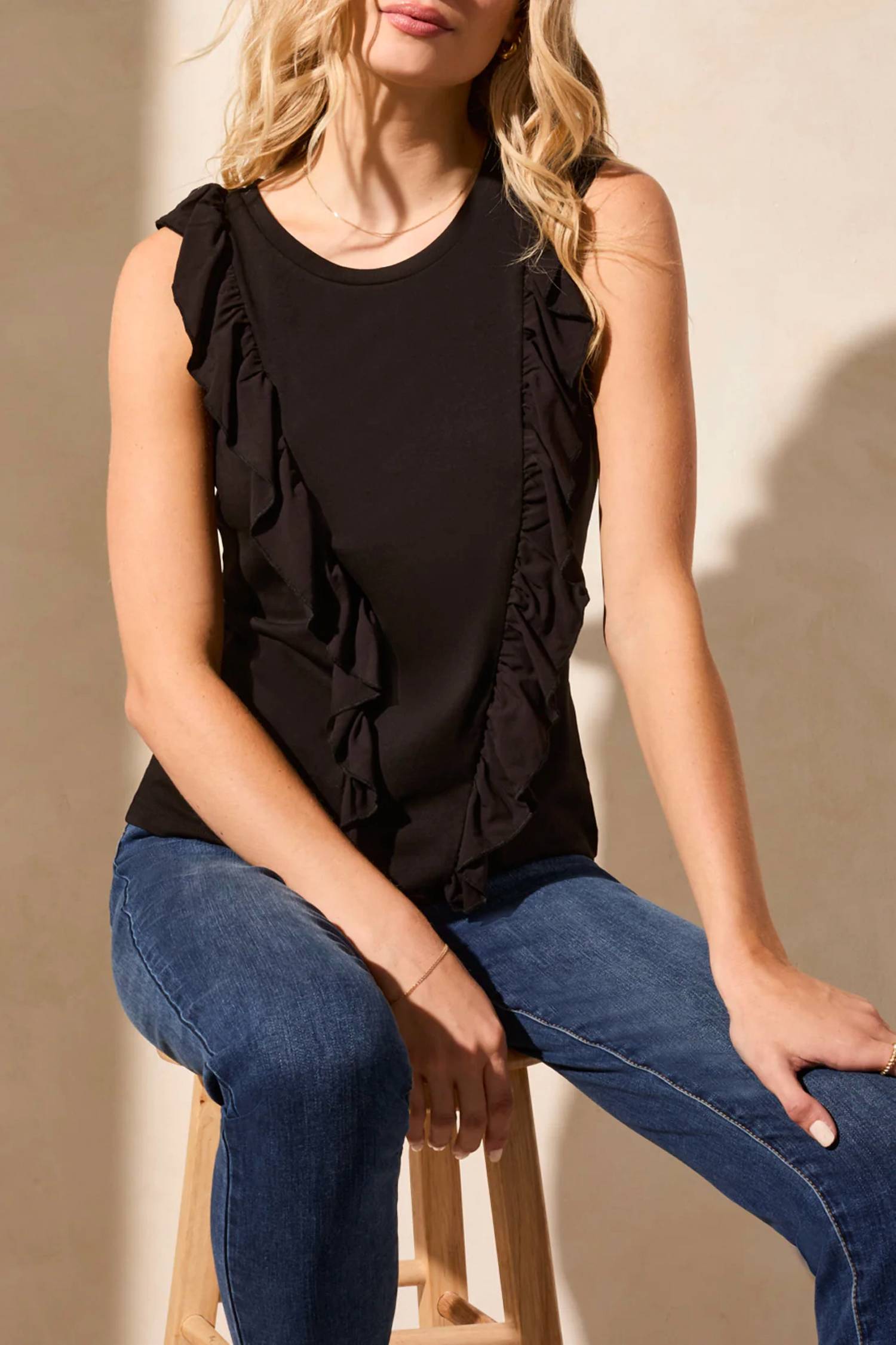 TRIBAL Mixed Media Ruffle Top in black 1 - women's tank top - detail view