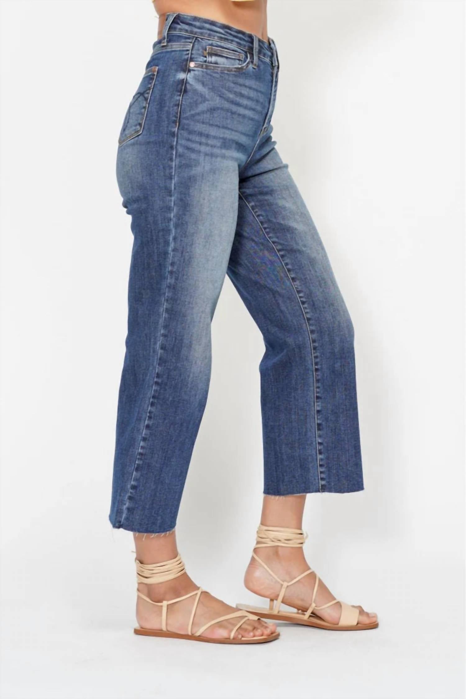 Judy Blue Wide Leg Crop With Back Pocket Embroidery Jeans in blue - women's pants - alternate view