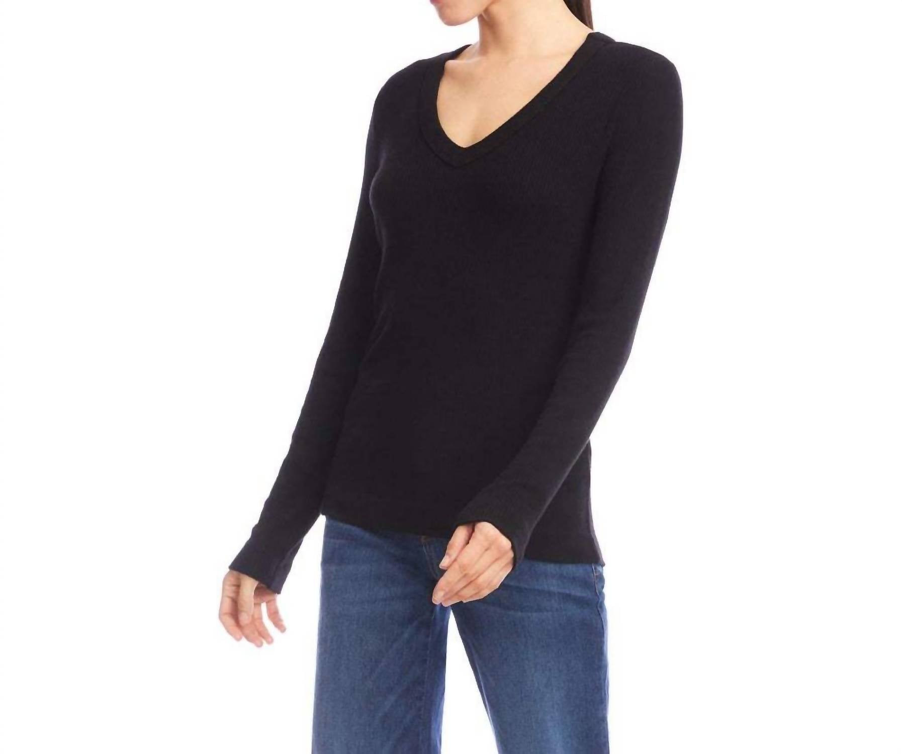 Karen Kane Long Sleeve Ribbed V-Neck Top - Petite in black - women's long sleeve top - detail view