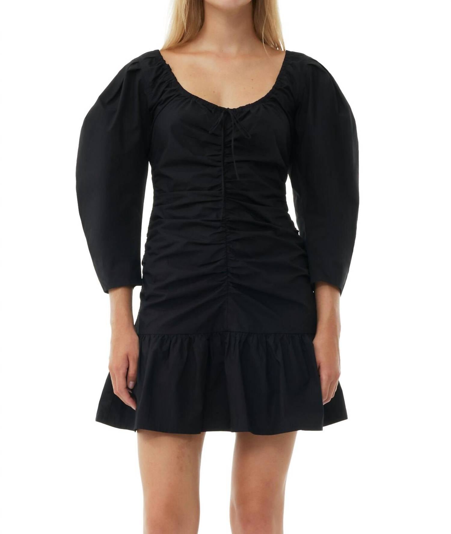 Ganni - Cotton Poplin Gathered U-neck Mini Dress