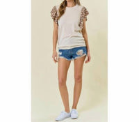 Lovely Melody - Ribbed Leopard Flutter Sleeve Top