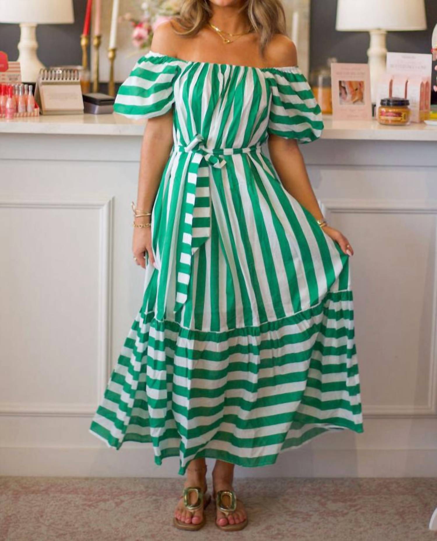 PINCH Striped Midi Puff Sleeve Dress in green - women's dress - view 5