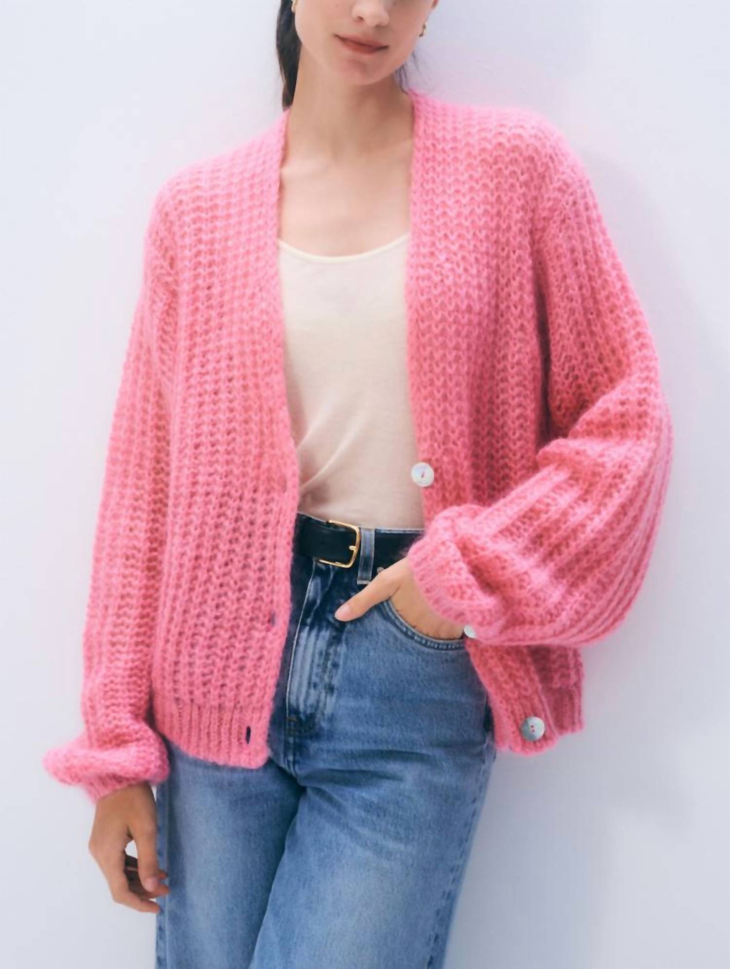 White + Warren Mohair Luxe Cardigan in pink bloom - women's cardigan