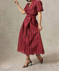 EMILY LOVELOCK Aida Plaid Blouse in crimson - women's blouse - detail view