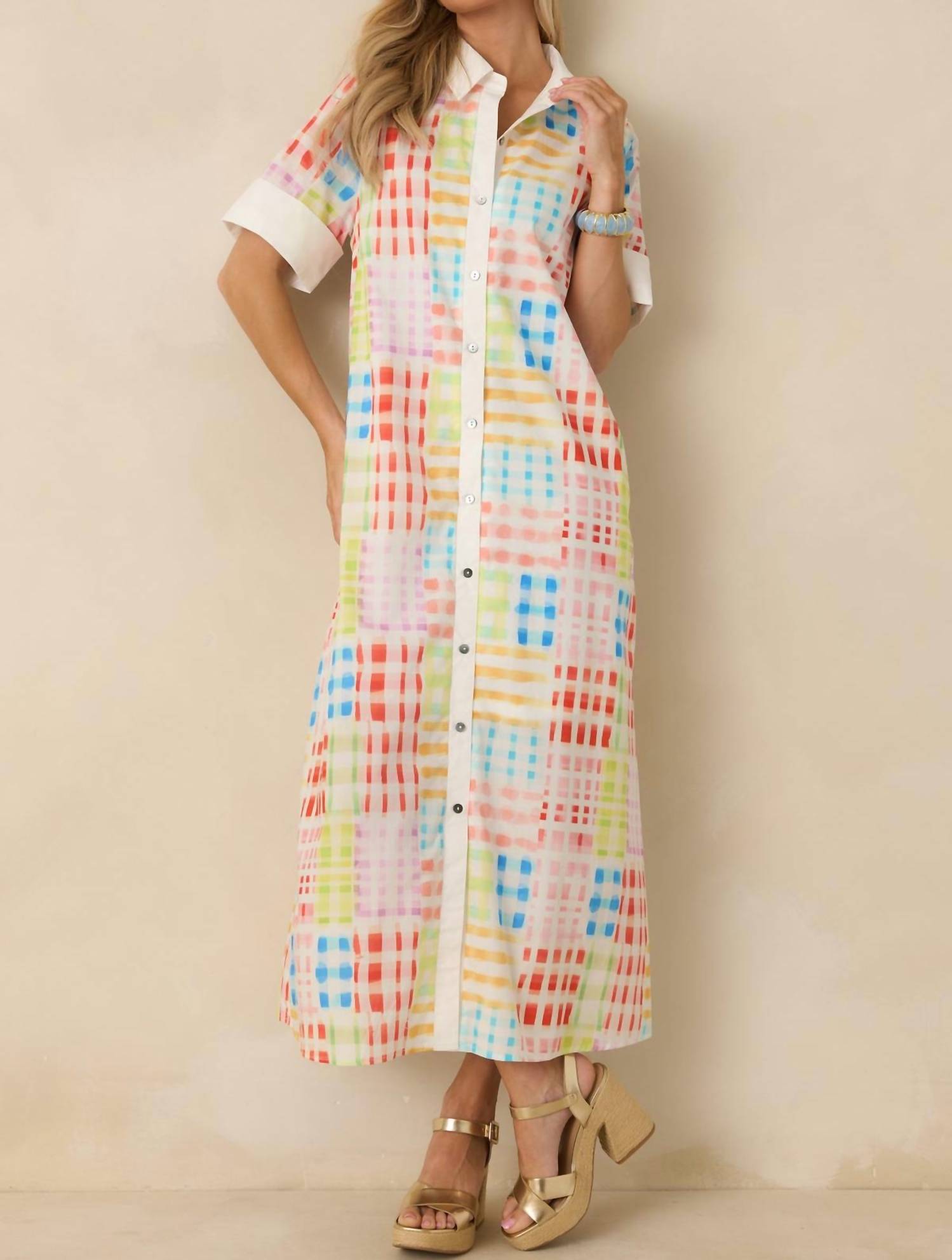 Entro - Check Button Front Maxi Shirt Dress