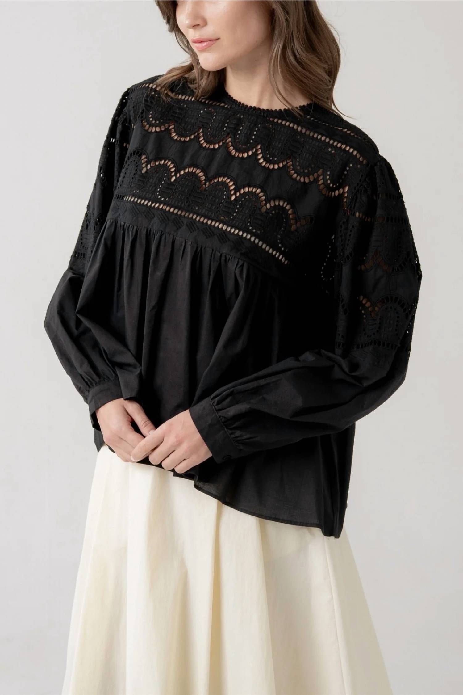 Elle Grey - Long Sleeve Eyelet Top