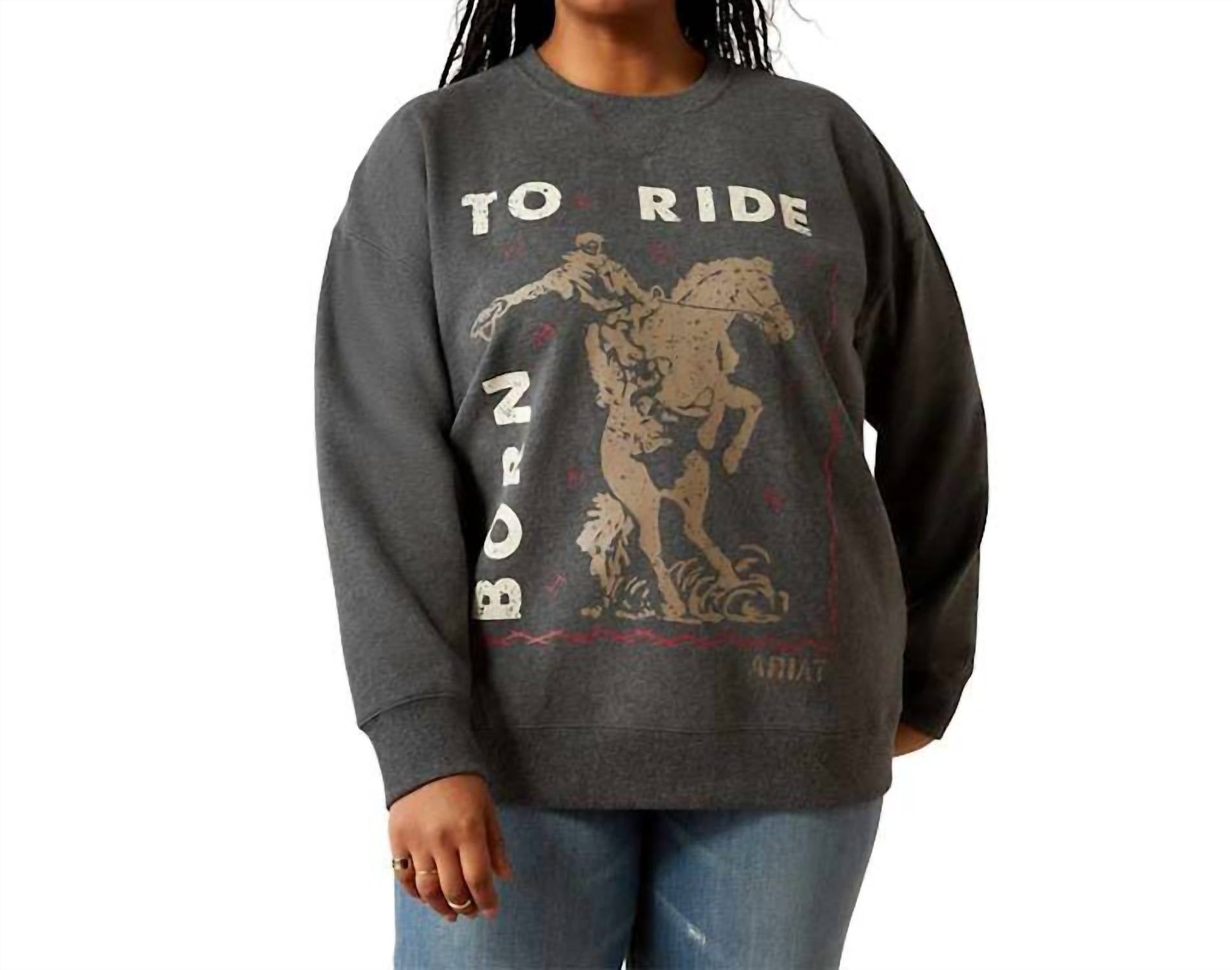 ARIAT Born To Ride Oversized Crew Sweatshirt in heather charcoal - women's sweater - detail view