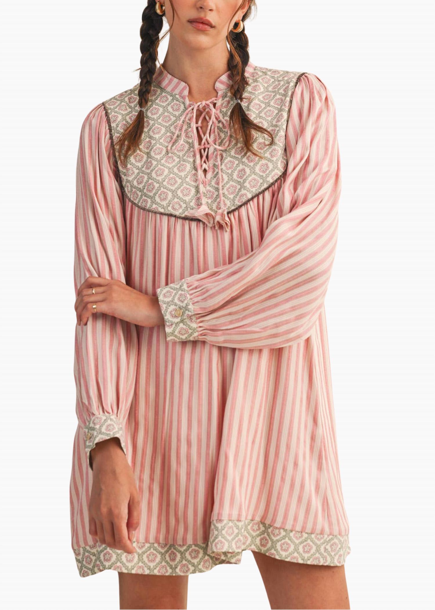 &merci Lou Striped Mini Dress in rose pink stripe - women's dress - alternate view