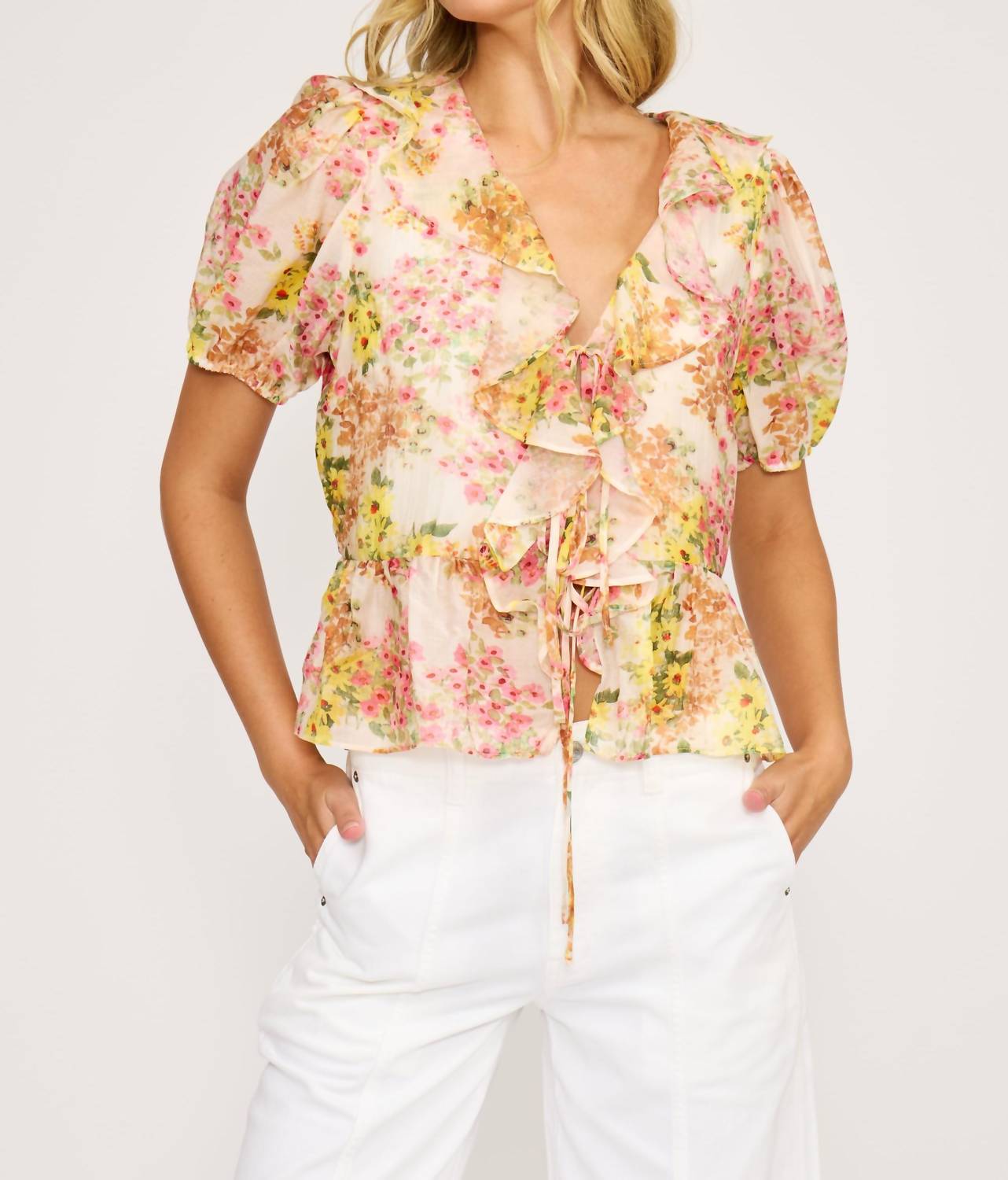 LUCY PARIS Bee Ruffle Top in multi floral - women's blouse - detail view