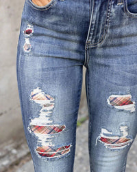 Grace And Lace - Plaid Patched Denim Jeggings