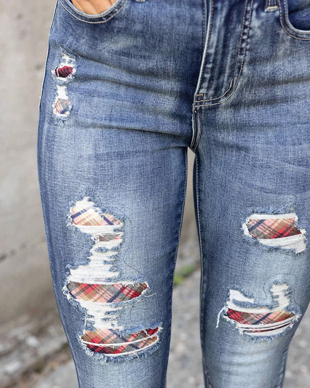 Grace And Lace - Plaid Patched Denim Jeggings