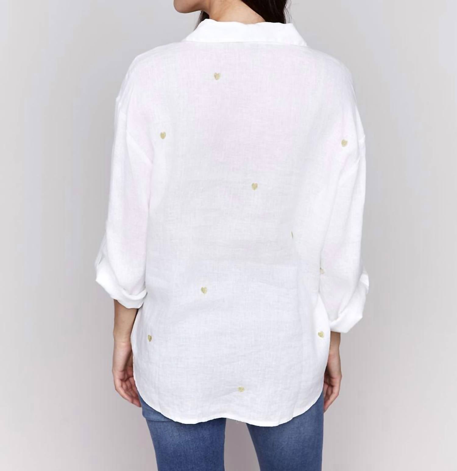 CHARLIE B Heart Embroidered Blouse in white gold - women's blouse - detail view