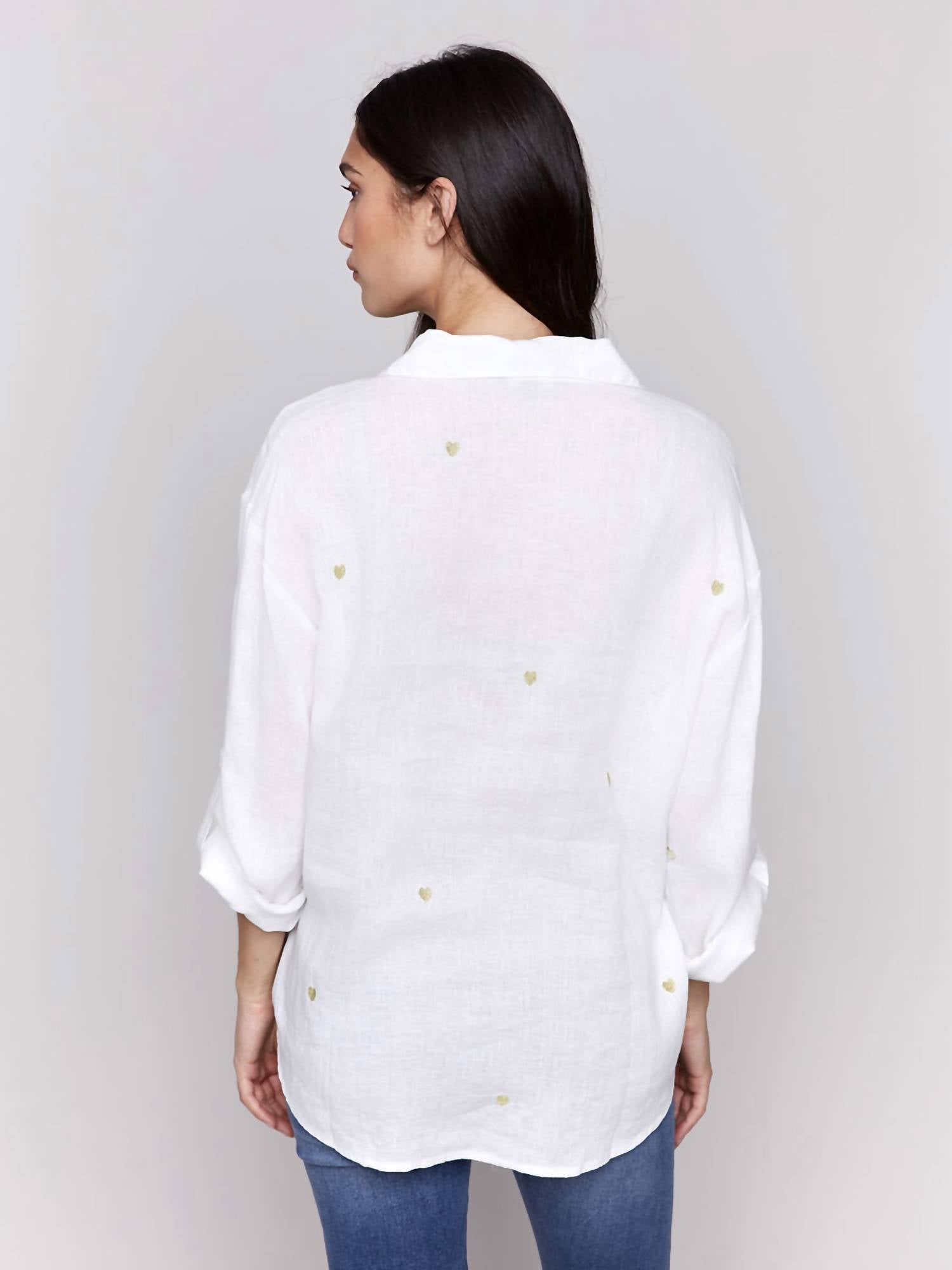 CHARLIE B Heart Embroidered Blouse in white gold - women's blouse - alternate view