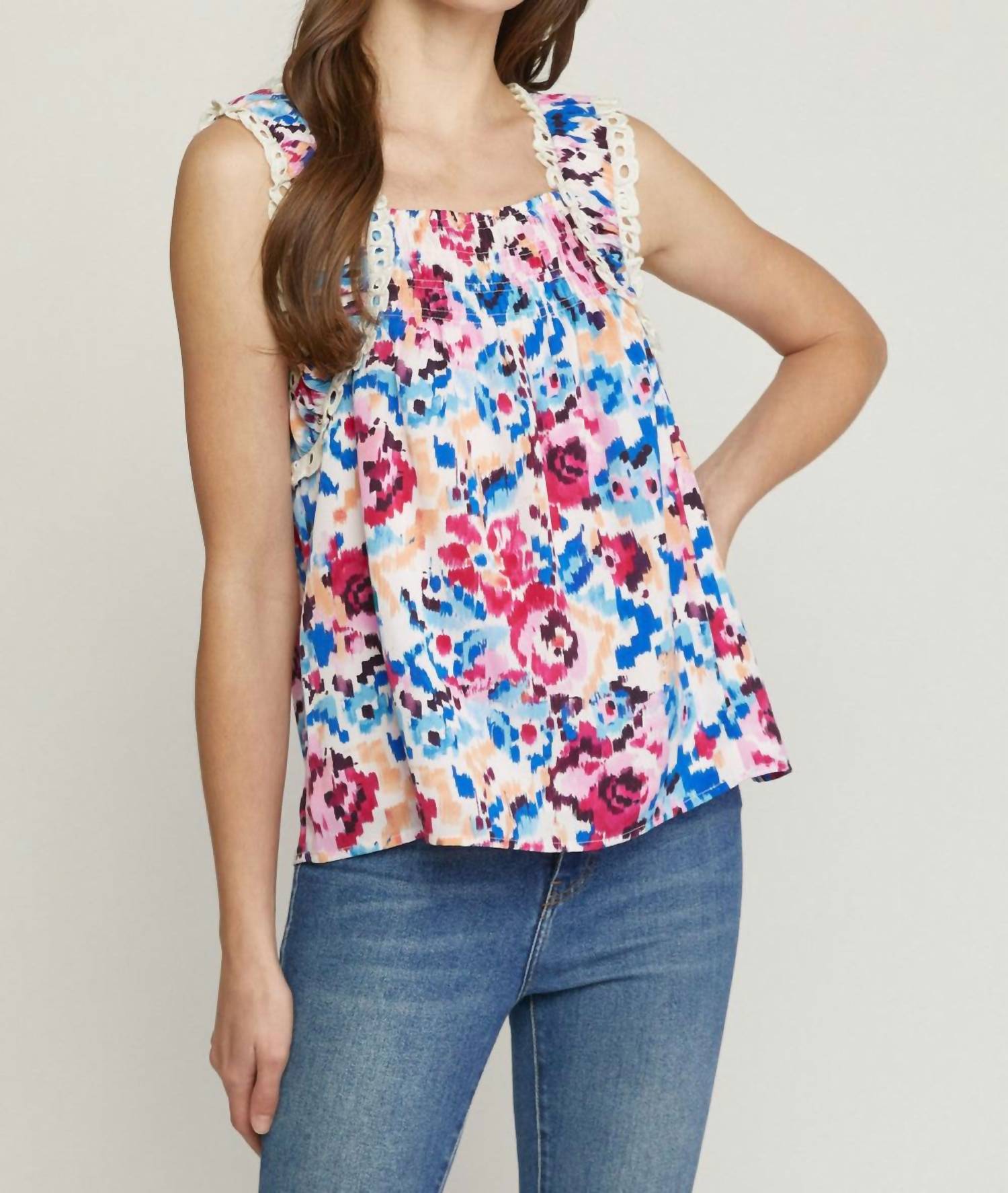 entro Smocked & Eyelet Top in beige multi - women's tank top