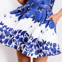 JOVANI Strapless Floral A-Line Dress with Pleated Skirt in blue white floral - women's dress - detail view