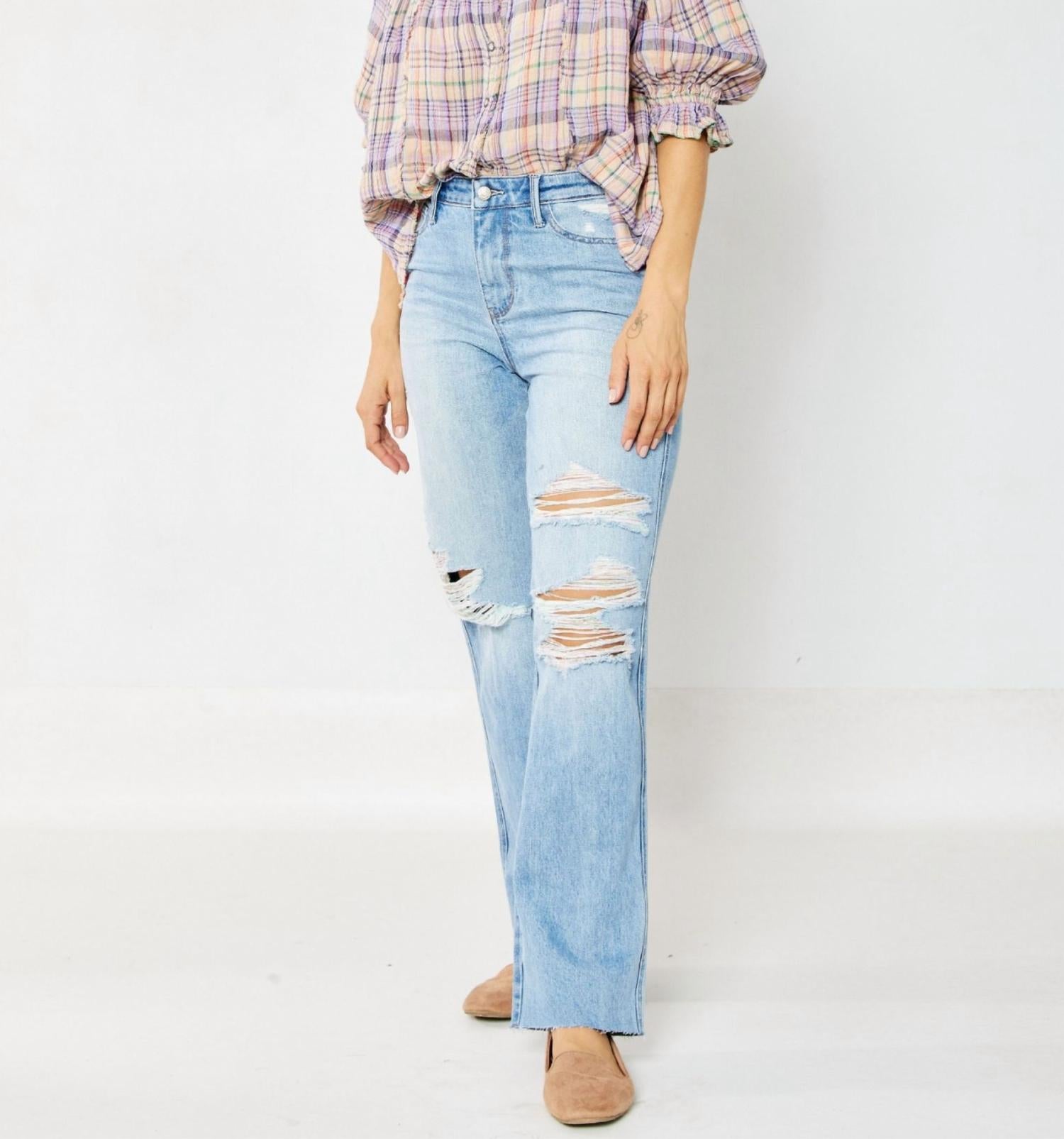 Judy Blue High Waisted Rigid Magic 90's Destroy Straight Jeans in medium blue - women's jeans