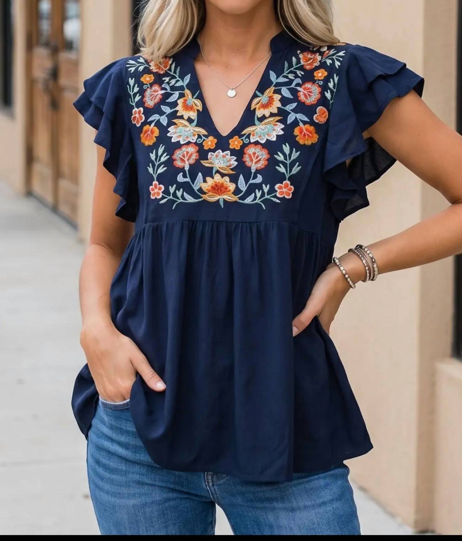 Fashionworks - Women's Summer Bohemian V-Neck Ruffle Sleeve Floral Embroidered Smock Top