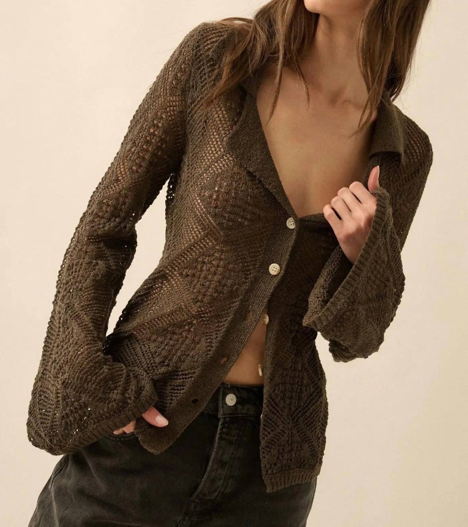 Promesa - Diamond Dust Geometric Crochet Button-up Cardigan