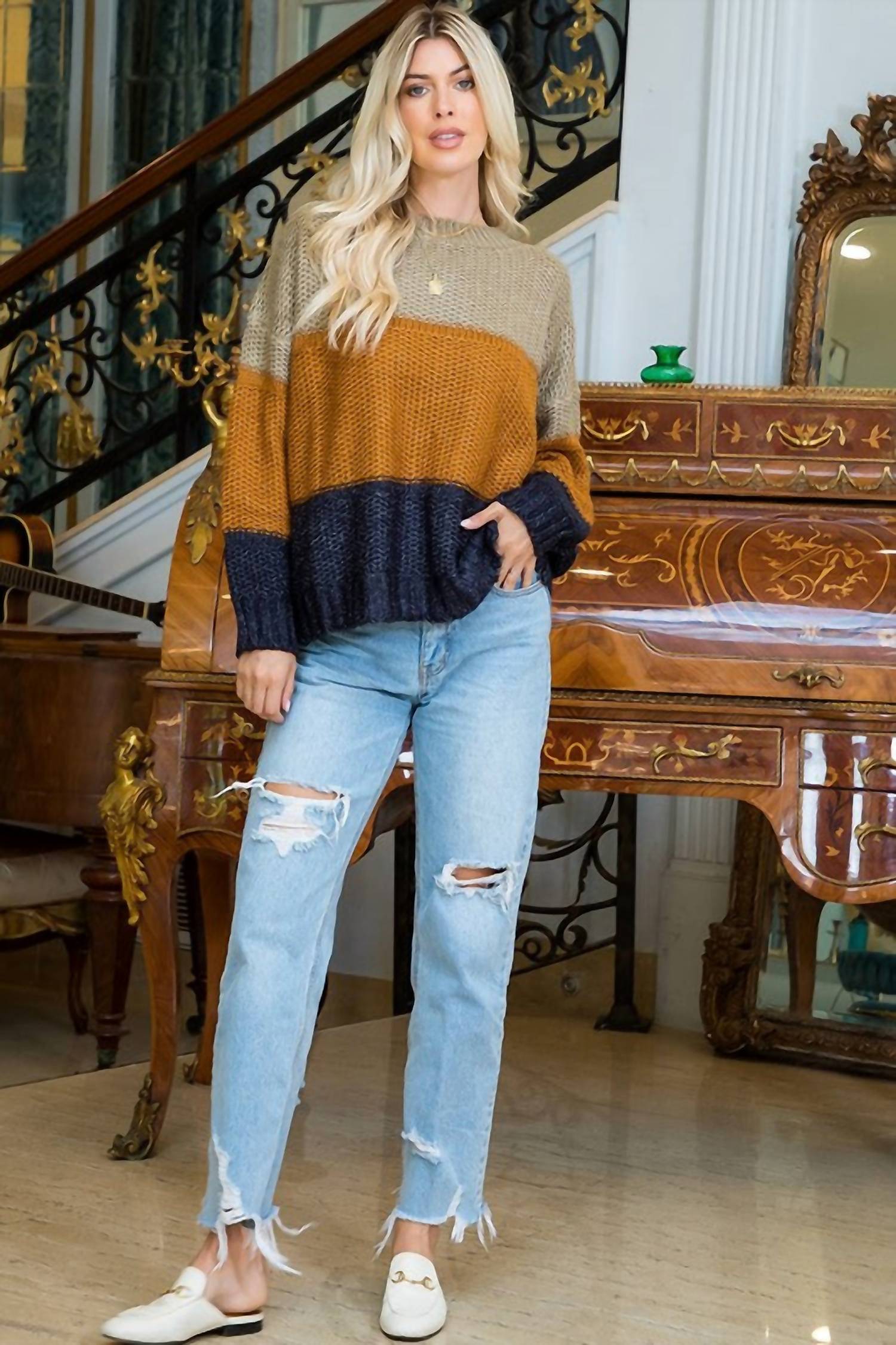 Sweet Lovely By Jen - Chunky Knit Colorblock Sweaters