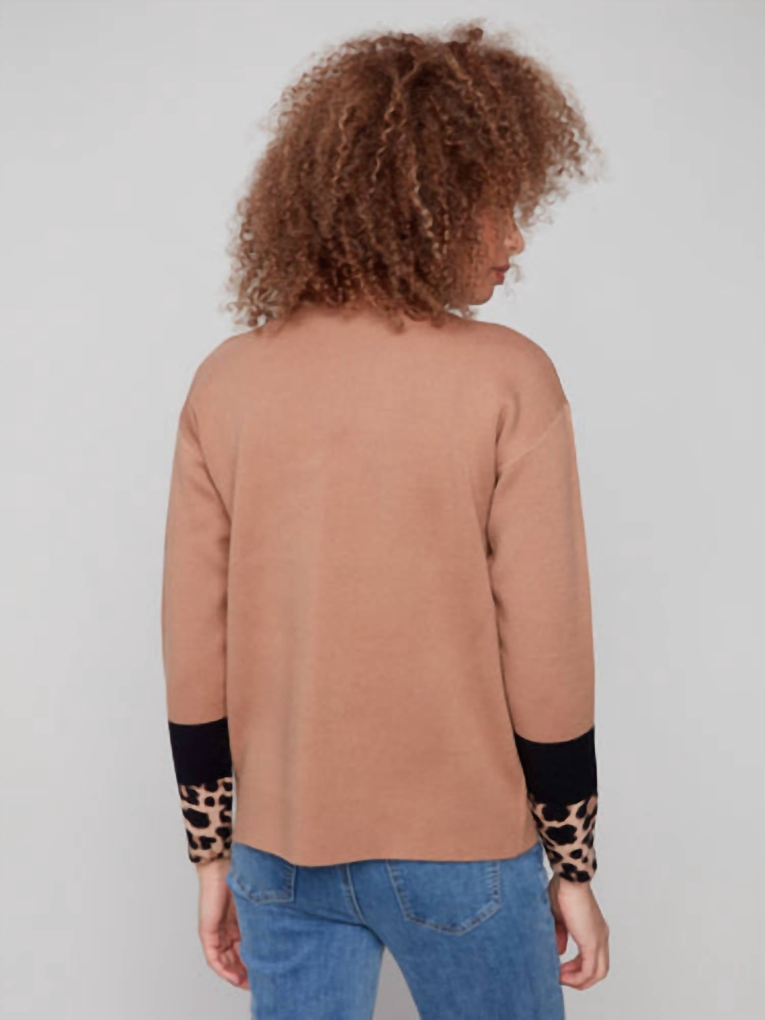 Charlie B - Funnel Sweater With Animal Print Sleeve Detail