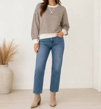 Zenana - Women's Striped Rib Banded Short Sleeve Pullover