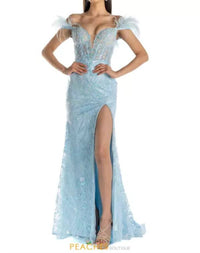 Sherri Hill Sequin Lace Feather Sleeve Dress in light blue - women's dress - detail view